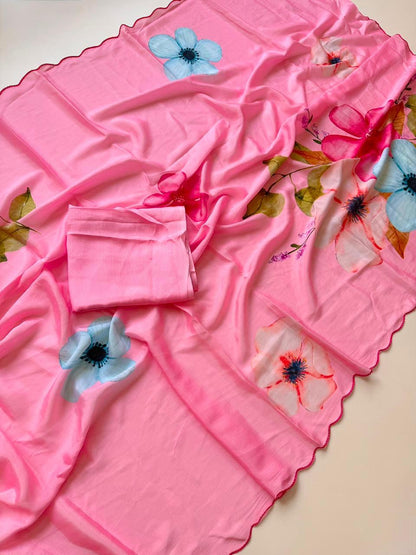 Bareli-3 Baby Pink Soft Shinon Saree with Floral Print & Contrast Arco Cutwork Border