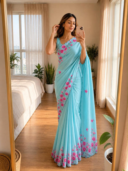 Bareli-3 Aqua Blue Soft Shinon Saree with Blossom Floral Print & Contrast Arco Cutwork Border