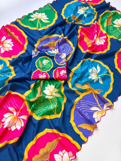Bareli-3 Royal Blue Soft Shinon Saree with Lotus Floral Print & Contrast Arco Cutwork Border