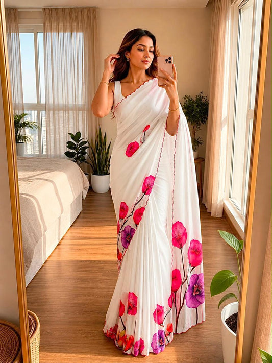 Bareli-3 Pearl White Soft Shinon Saree with Pink Blossom Floral Print & Contrast Arco Cutwork Border