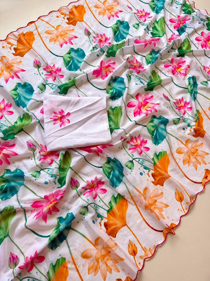 Bareli-3 Pearl White Soft Shinon Saree with Lotus Floral Print & Contrast Arco Cutwork Border