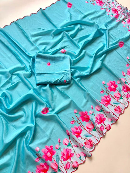 Bareli-3 Aqua Blue Soft Shinon Saree with Blossom Floral Print & Contrast Arco Cutwork Border