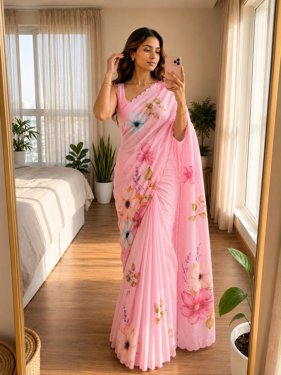 Bareli-3 Baby Pink Soft Shinon Saree with Floral Print & Contrast Arco Cutwork Border