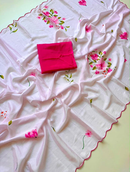 Bareli-3 Soft Blush Pink Soft Shinon Saree with Floral Print & Contrast Arco Cutwork Border