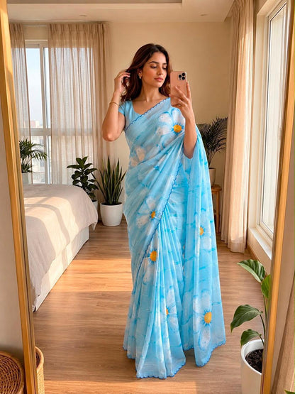 Bareli-3 Sky Blue Daisy Print Soft Shinon Saree with Contrast Arco Cutwork Border
