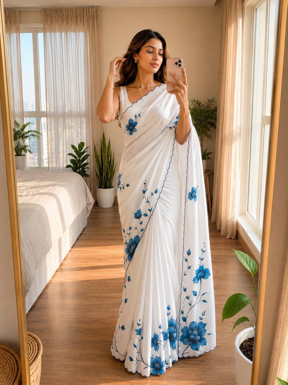 Bareli-3 Pearl White Soft Shinon Saree with Blue Floral Print & Contrast Arco Cutwork Border