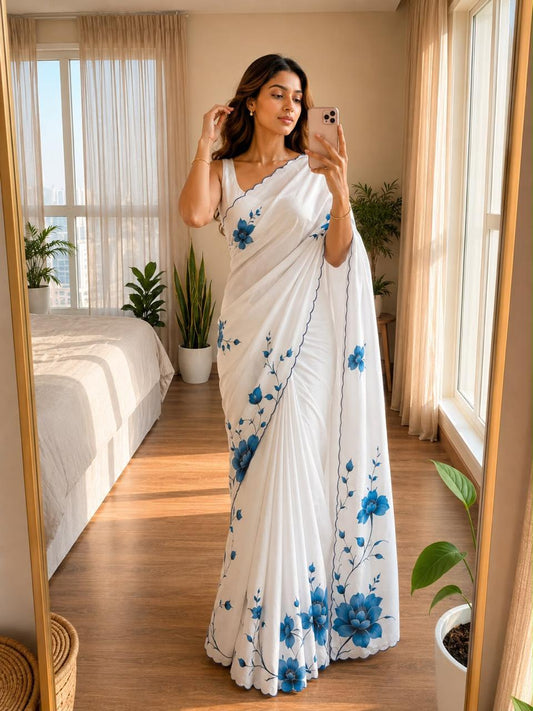 Bareli-3 Pearl White Soft Shinon Saree with Blue Floral Print & Contrast Arco Cutwork Border