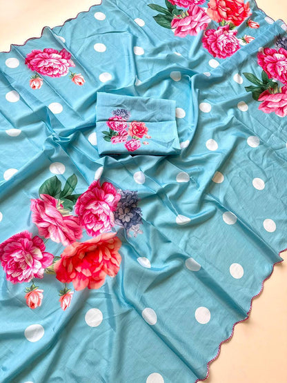 Bareli-3 Sky Blue Soft Shinon Saree with Floral Print & Contrast Arco Cutwork Border