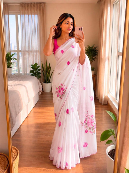 Bareli-3 Soft Blush Pink Soft Shinon Saree with Floral Print & Contrast Arco Cutwork Border