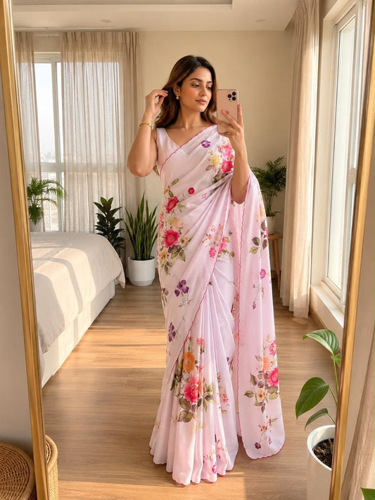 Bareli-3 Soft Lavender Pink Soft Shinon Saree with Vintage Floral Print & Contrast Arco Cutwork Border
