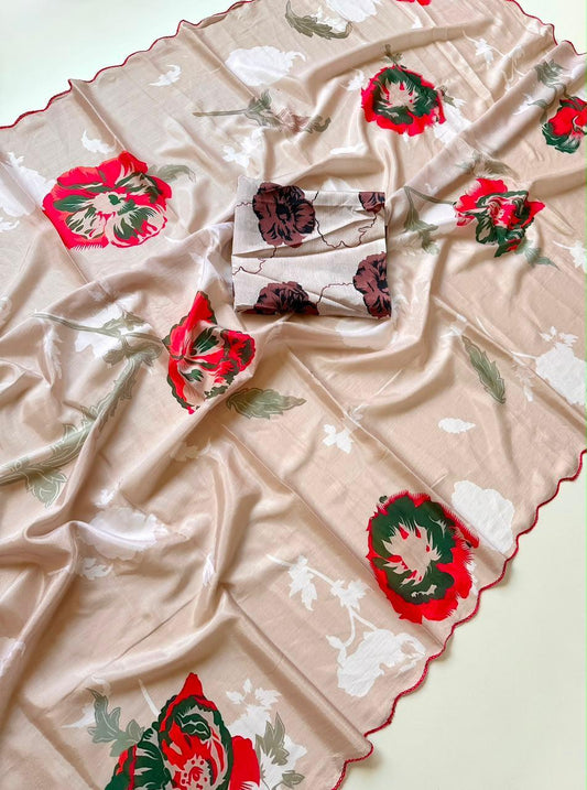 Bareli-3 Champagne Beige Soft Shinon Saree with Vintage Floral Print & Contrast Arco Cutwork Border