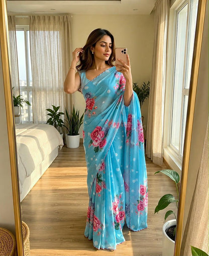 Bareli-3 Sky Blue Soft Shinon Saree with Floral Print & Contrast Arco Cutwork Border