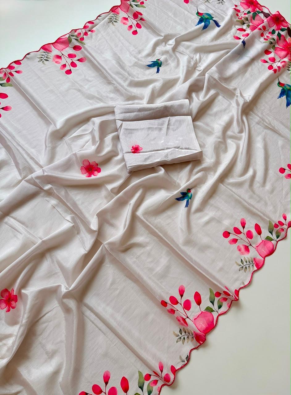 Blossom Bird Soft White Shinon Saree with Pink Floral Border & Hummingbird Print