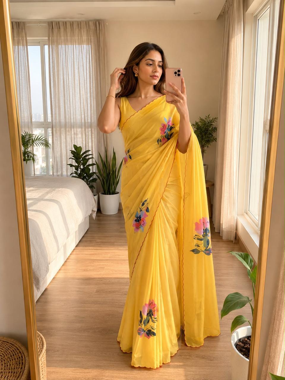 Bareli-3 Sunshine Yellow Soft Shinon Saree with Floral Print & Contrast Arco Cutwork Border