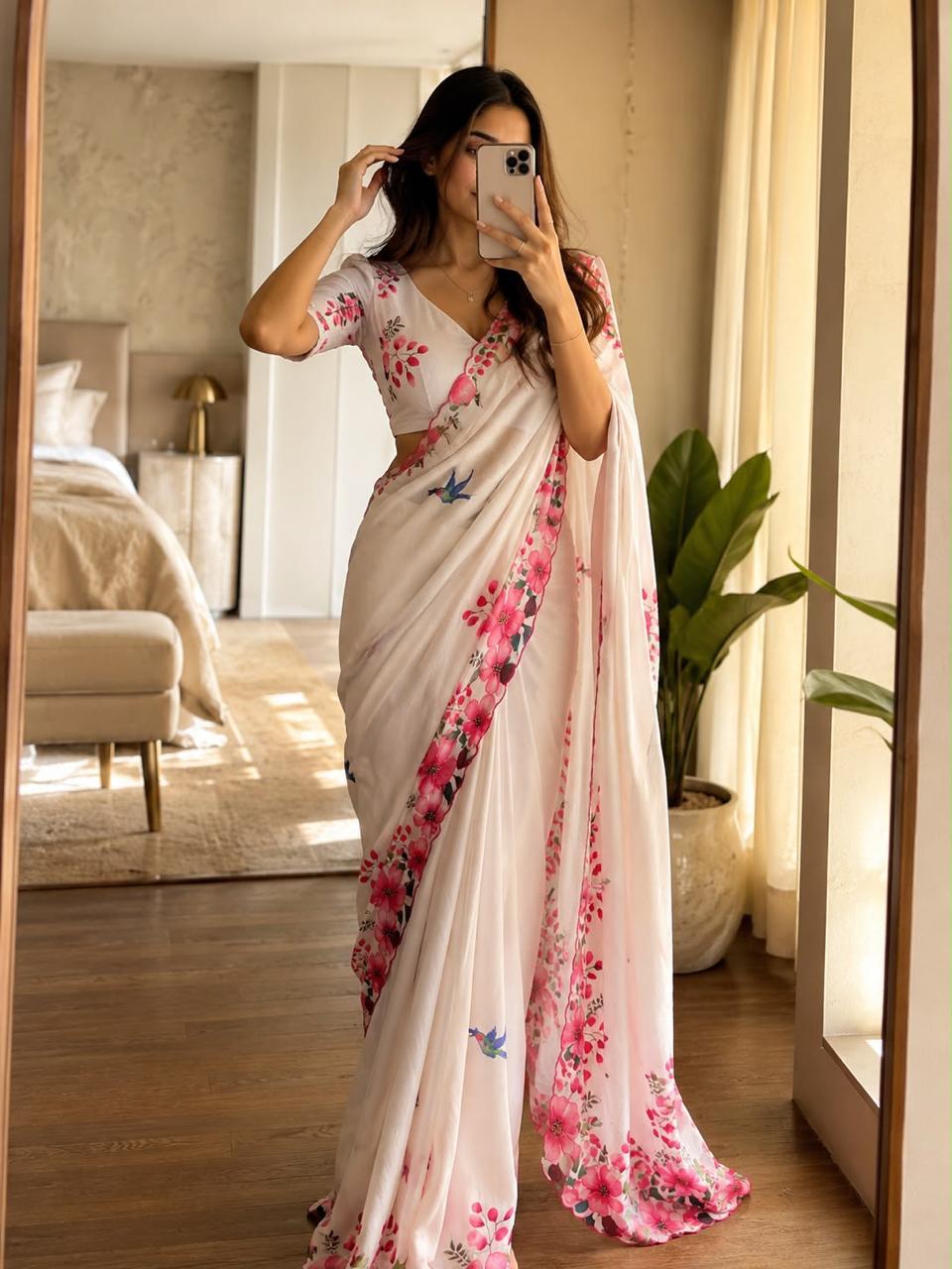 Blossom Bird Soft White Shinon Saree with Pink Floral Border & Hummingbird Print