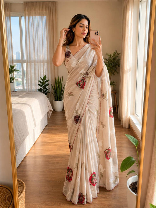 Bareli-3 Champagne Beige Soft Shinon Saree with Vintage Floral Print & Contrast Arco Cutwork Border