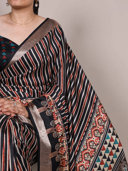 Black Printed Tasar Silk Saree with Rich Viscose Border & Ethnic Geometric Floral Design