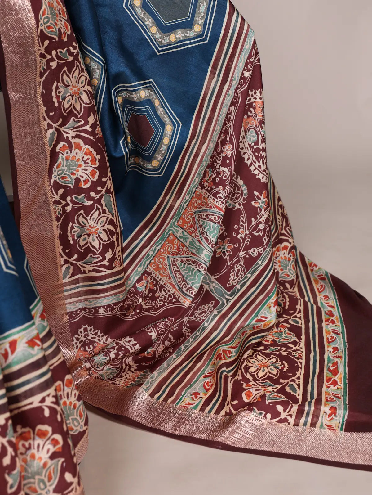 Navy Blue Printed Tasar Silk Saree with Rich Viscose Border & Heritage Floral Design