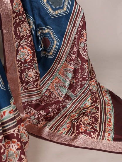 Navy Blue Printed Tasar Silk Saree with Rich Viscose Border & Heritage Floral Design