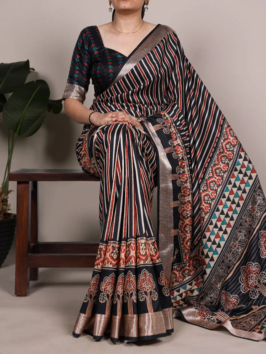 Black Printed Tasar Silk Saree with Rich Viscose Border & Ethnic Geometric Floral Design