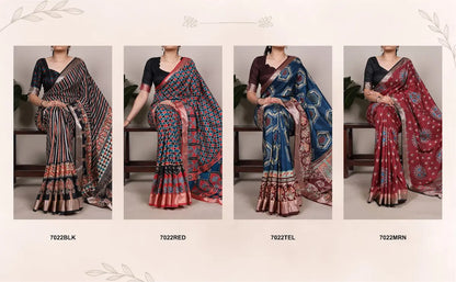 Navy Blue Printed Tasar Silk Saree with Rich Viscose Border & Heritage Floral Design