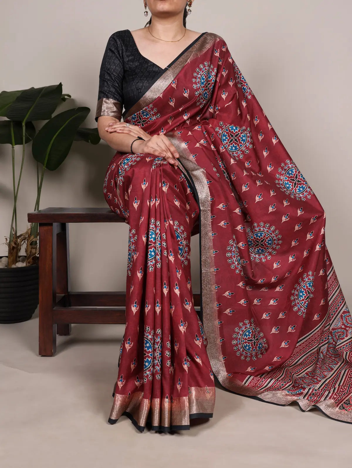 Maroon Printed Tasar Silk Saree with Rich Viscose Border & Ethnic Floral Motifs