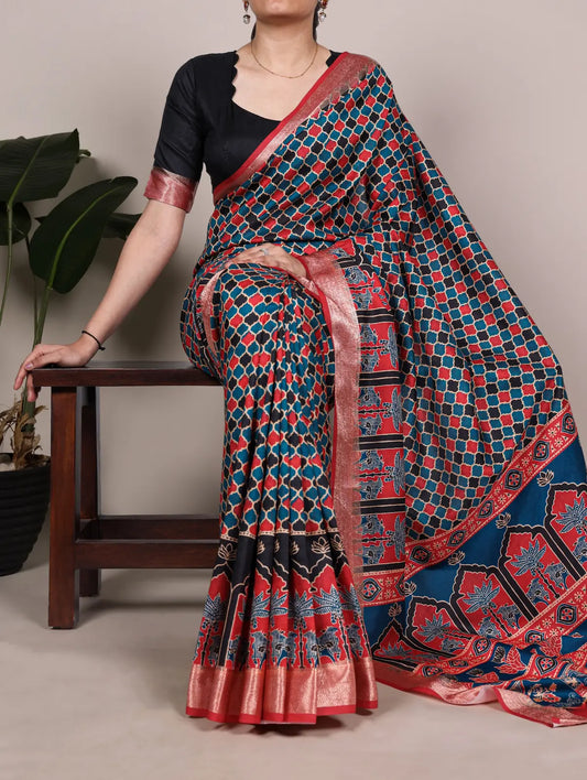 Teal Blue & Coral Red Printed Tasar Silk Saree with Rich Viscose Border and Heritage Motifs