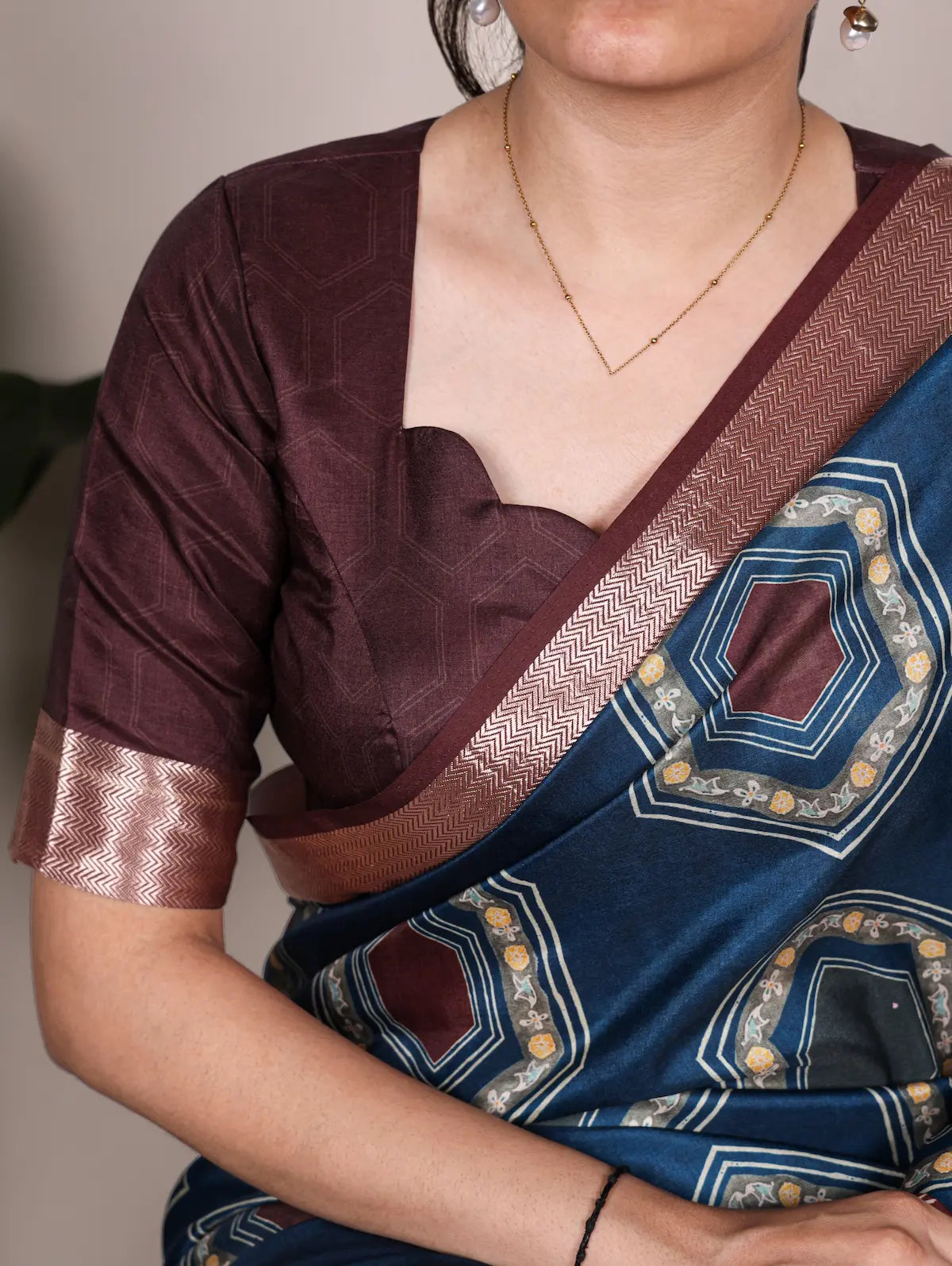 Navy Blue Printed Tasar Silk Saree with Rich Viscose Border & Heritage Floral Design