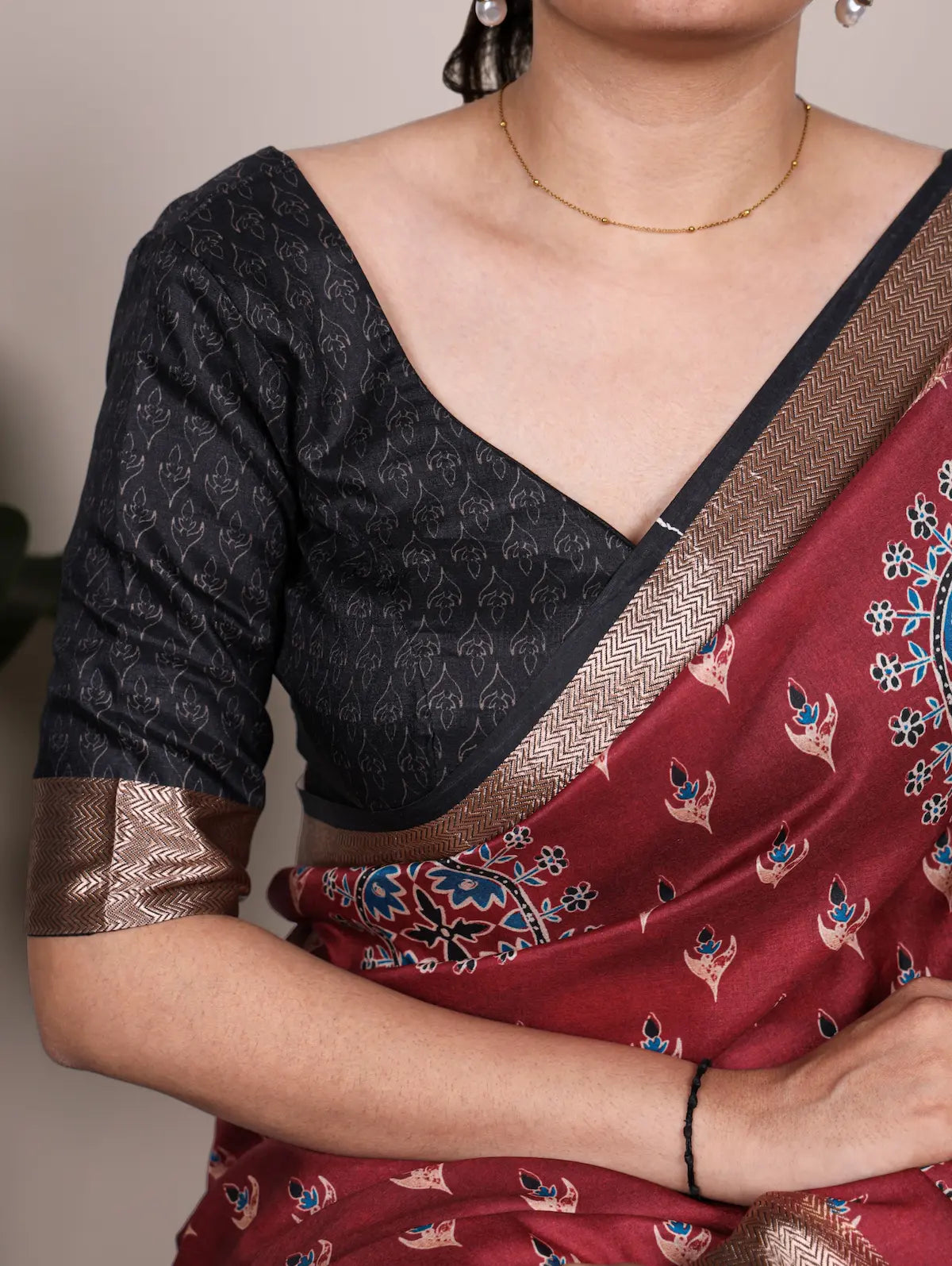 Maroon Printed Tasar Silk Saree with Rich Viscose Border & Ethnic Floral Motifs