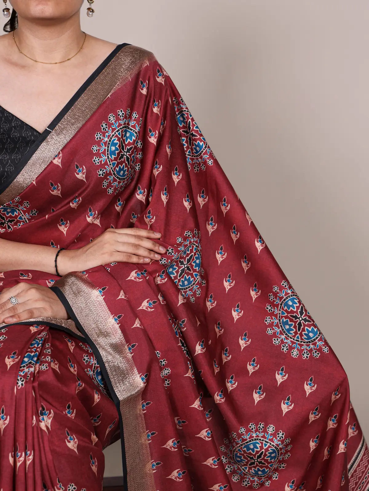 Maroon Printed Tasar Silk Saree with Rich Viscose Border & Ethnic Floral Motifs
