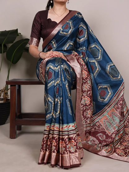 Navy Blue Printed Tasar Silk Saree with Rich Viscose Border & Heritage Floral Design