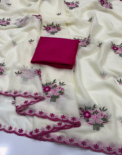 Ivory White Star Georgette Saree with Pink Floral Embroidery & Scalloped Border
