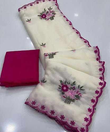 Ivory White Star Georgette Saree with Pink Floral Embroidery & Scalloped Border