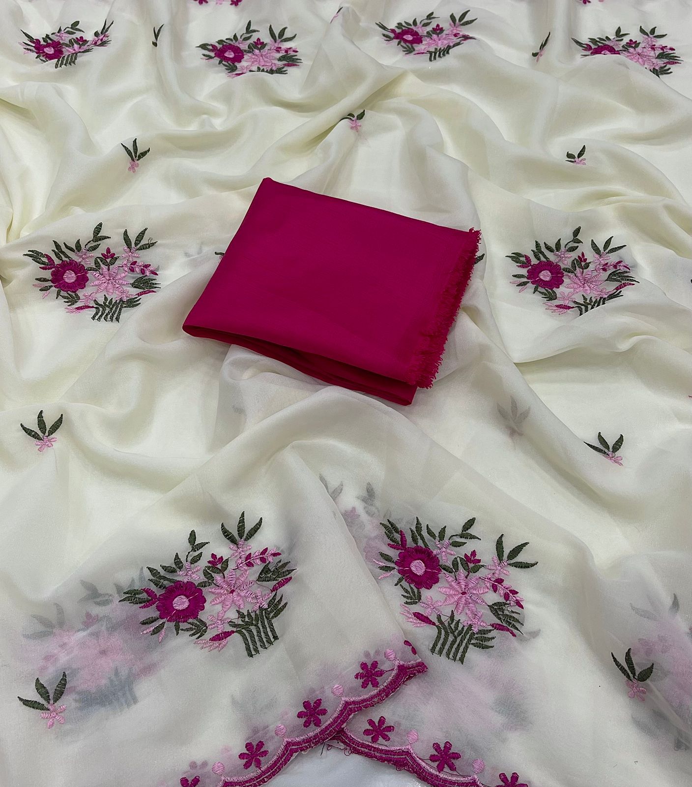 Ivory White Star Georgette Saree with Pink Floral Embroidery & Scalloped Border