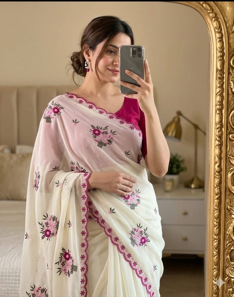 Ivory White Star Georgette Saree with Pink Floral Embroidery & Scalloped Border