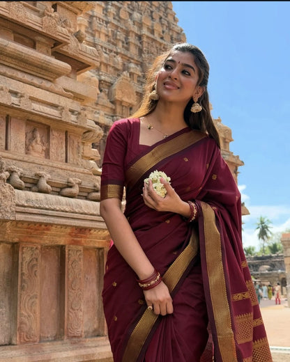 Premium Maroon Gadwal Kalyani Cotton Silk Saree with Rich Gold Zari Border