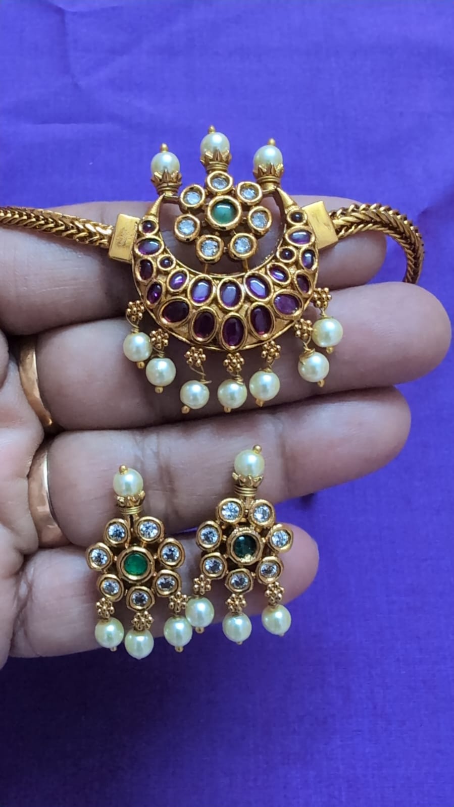 Premium Antique Gold Pink Ruby Pendant Choker Set with Pearl Drops & Green Stone Earrings for Women