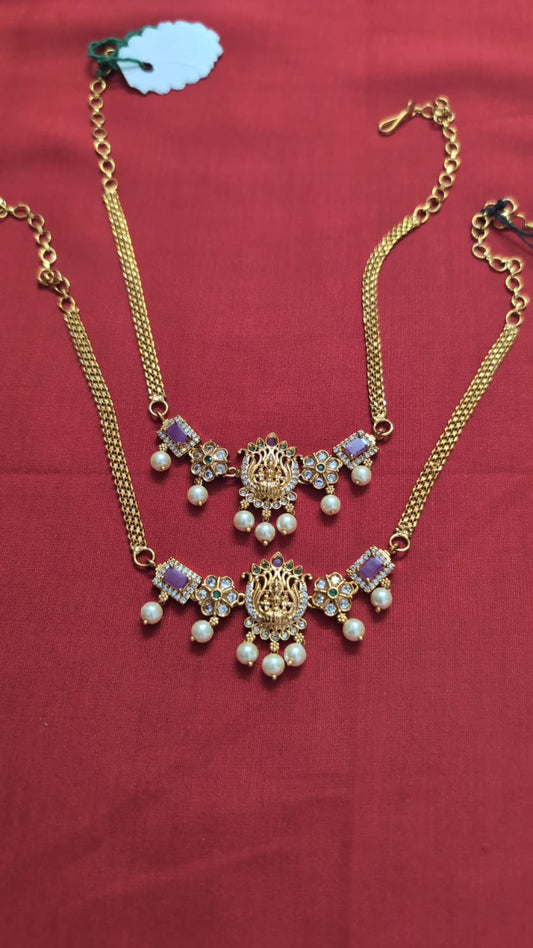 Premium Lakshmi Pearl Pendant Chain Set | Simple Temple Design Necklace for Women