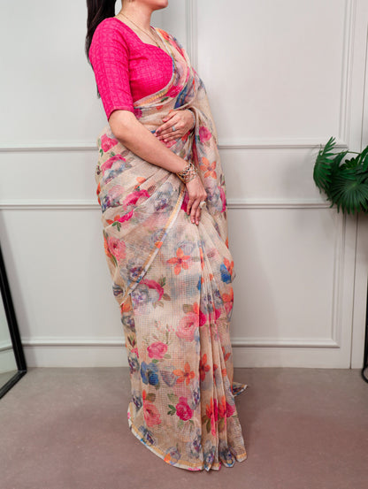 Rose Garden Floral Printed Kota Doria Saree with Elegant Chex Blouse