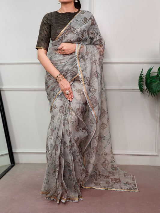 Summer Breeze Grey Floral Printed Kota Doria Saree with Elegant Chex Blouse