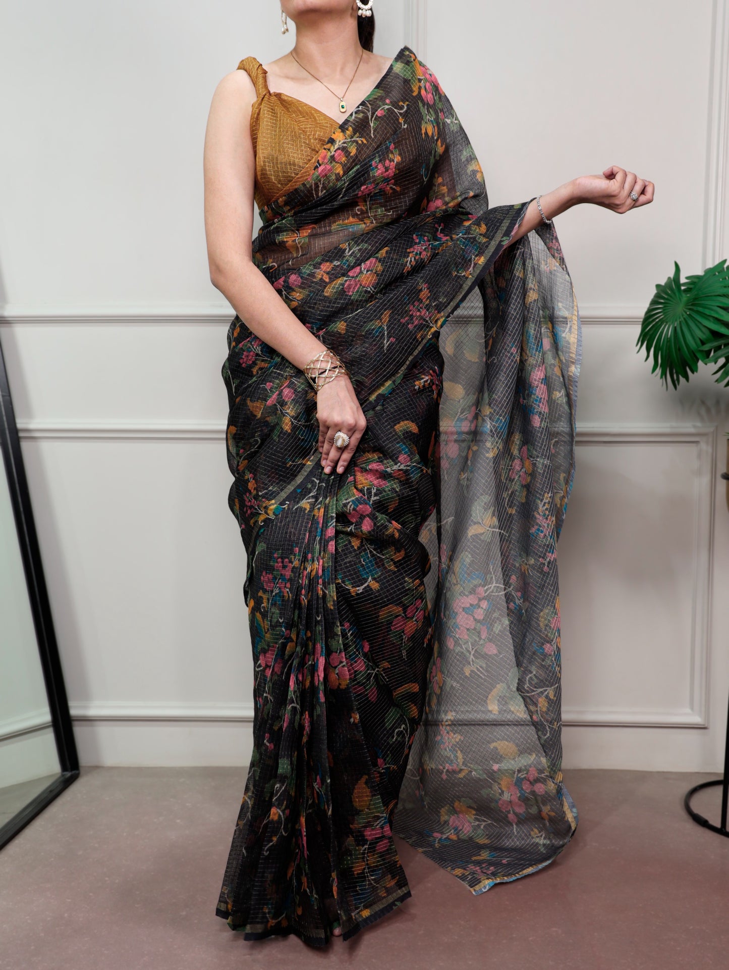 Midnight Bloom Floral Printed Kota Doria Saree with Elegant Chex Blouse