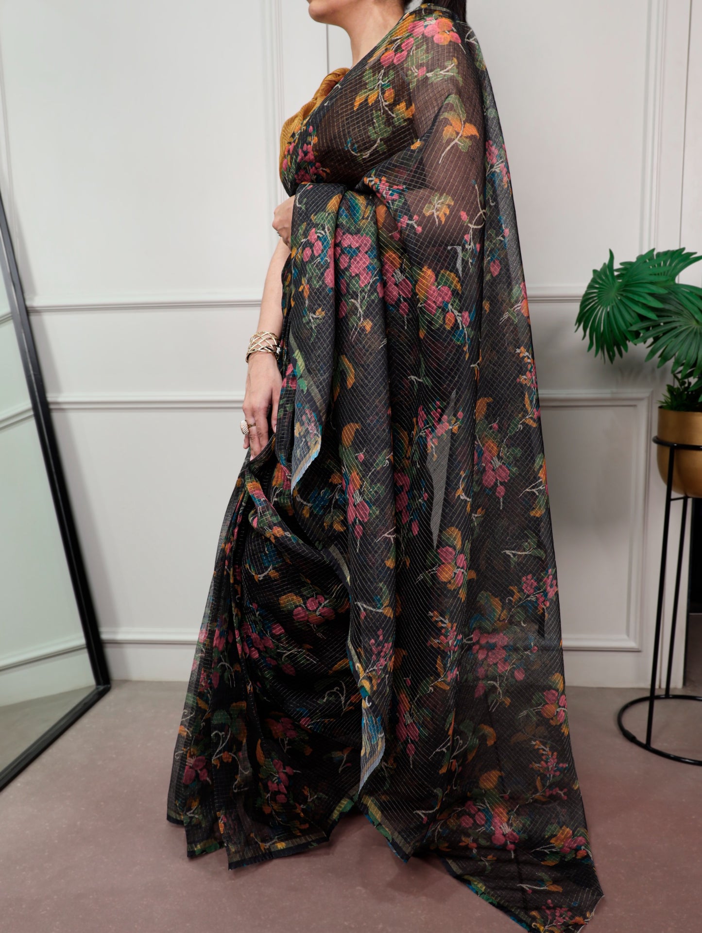 Midnight Bloom Floral Printed Kota Doria Saree with Elegant Chex Blouse