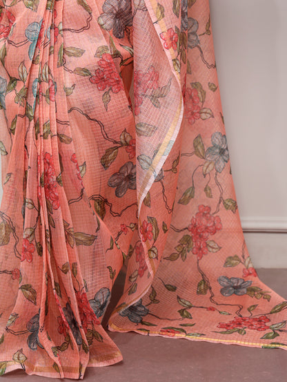 Peach Blossom Floral Printed Kota Doria Saree with Elegant Chex Blouse
