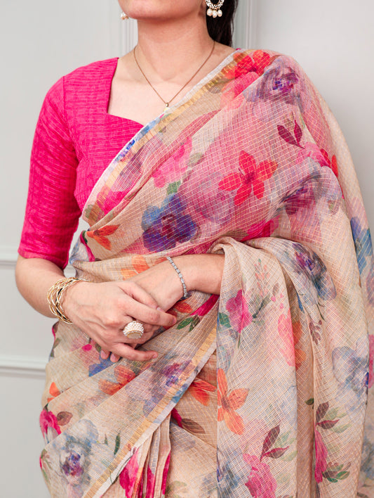 Rose Garden Floral Printed Kota Doria Saree with Elegant Chex Blouse