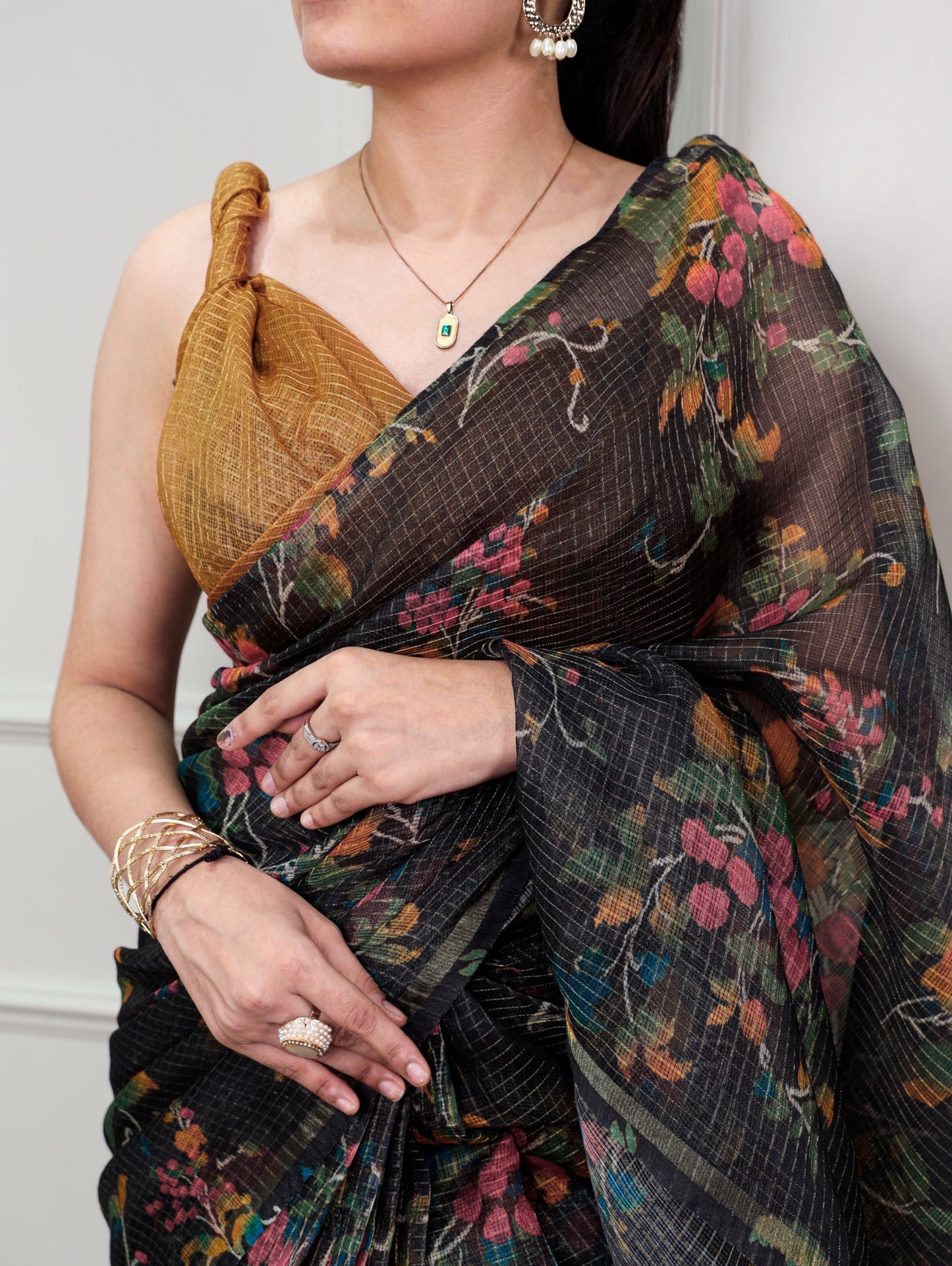 Midnight Bloom Floral Printed Kota Doria Saree with Elegant Chex Blouse