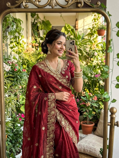 Royal Wine Embroidered Fendy Satin Saree with Heavy Sequins Border & Stitched Blouse