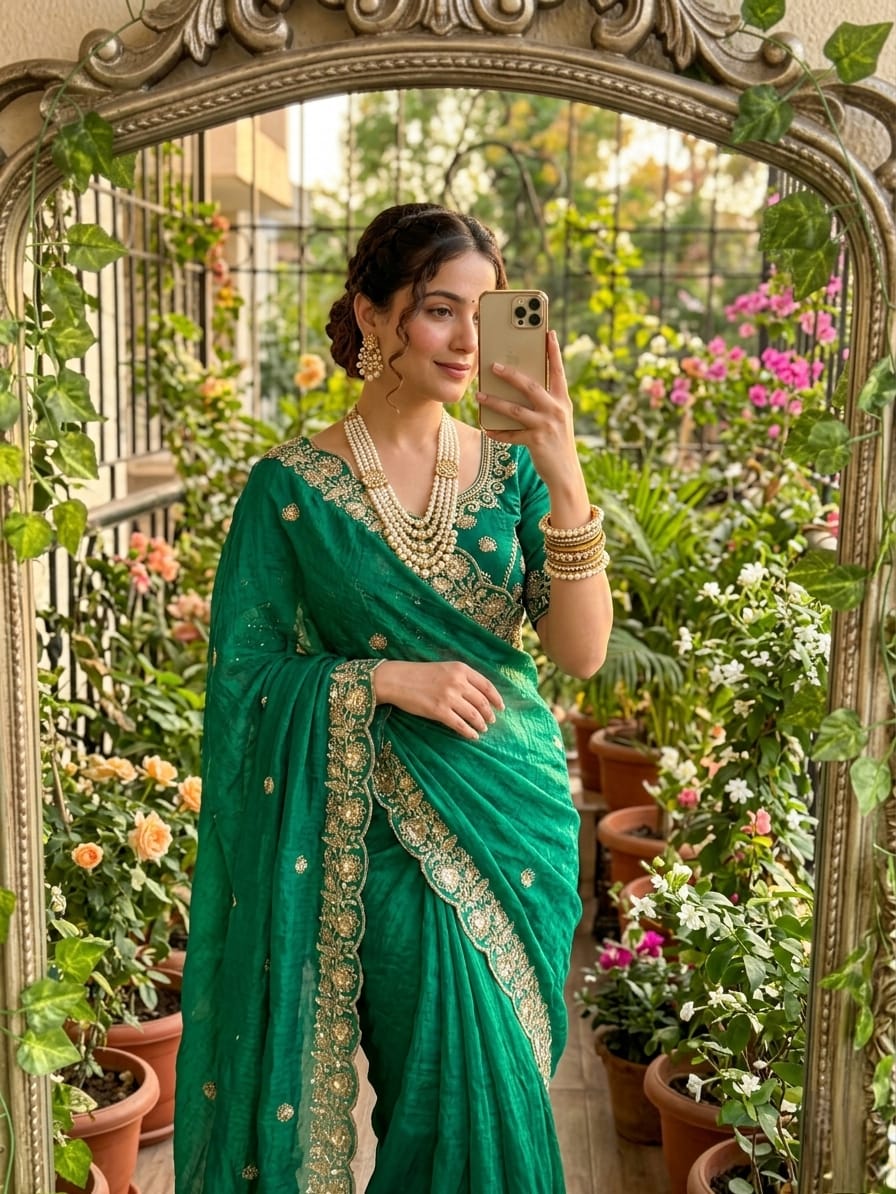 Emerald Grace Embroidered Fendy Satin Saree with Heavy Sequins Border & Stitched Blouse