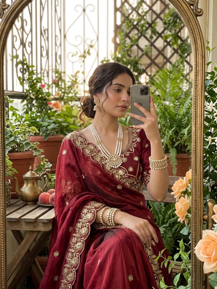 Royal Wine Embroidered Fendy Satin Saree with Heavy Sequins Border & Stitched Blouse