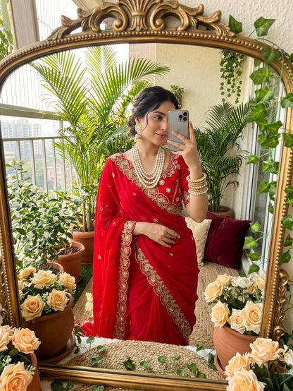 Ruby Radiance Embroidered Fendy Satin Saree with Heavy Sequins Border & Stitched Blouse