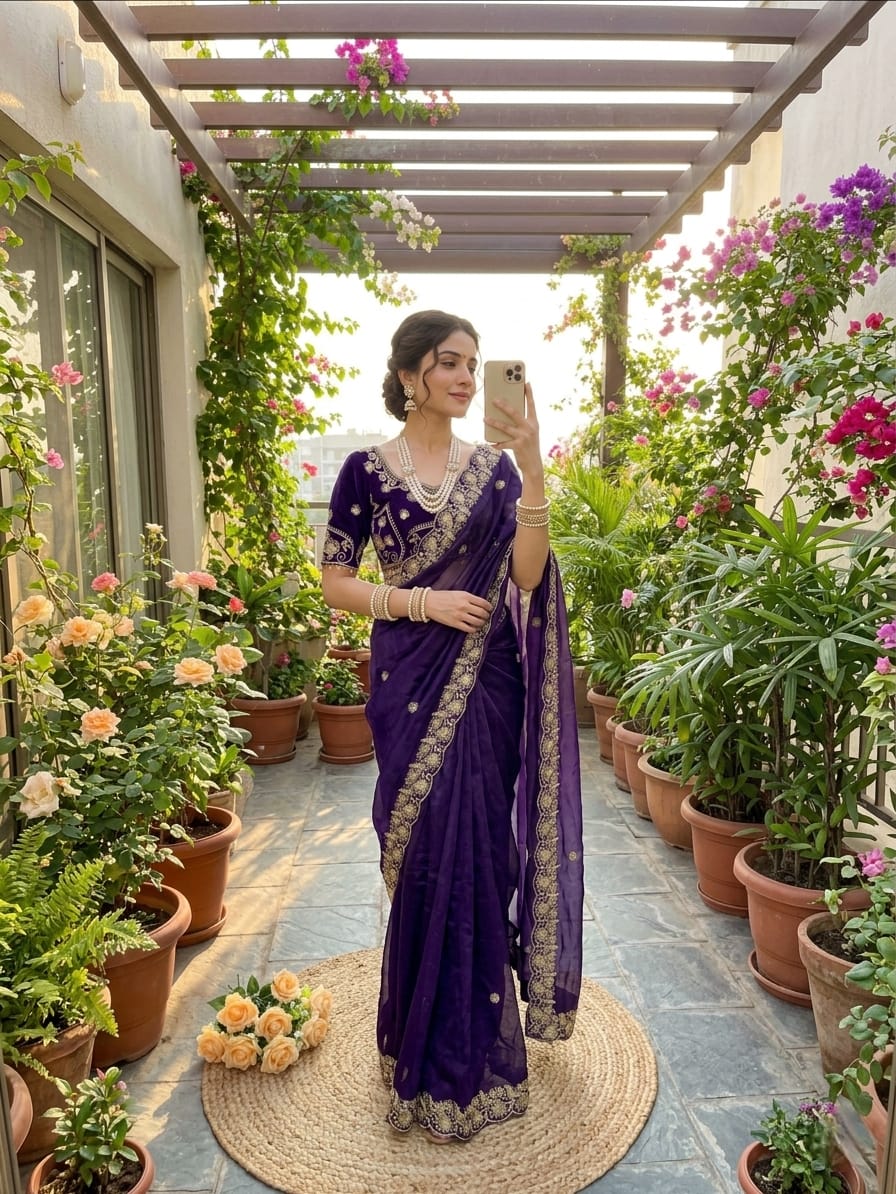 Royal Violet Embroidered Fendy Satin Saree with Heavy Sequins Border & Stitched Blouse